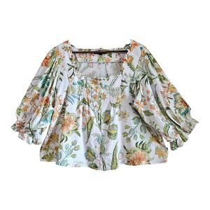 RACHEL ROY Women’s L Blouse Linen Blend Tropical Floral Button Up Cropped 42"